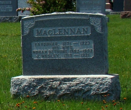 Photo of headstones/Farquhar McLennan d 1923 & Nora Bethune d 1952 hdstn Kirkhill St Columba Cem